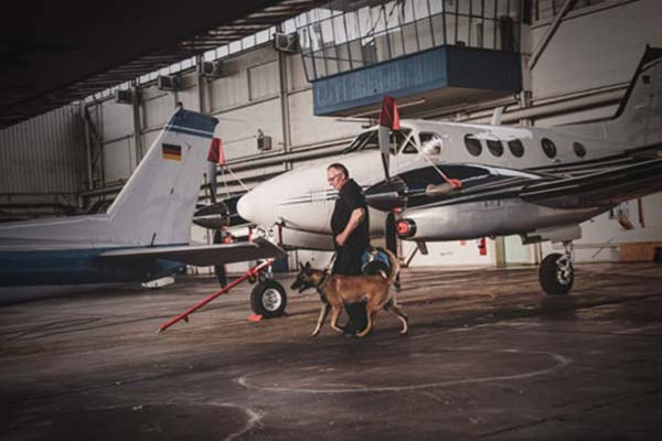 Ein Patronus Mitarbeiter läuft mit einem Hund durch einen Flugzeughangar